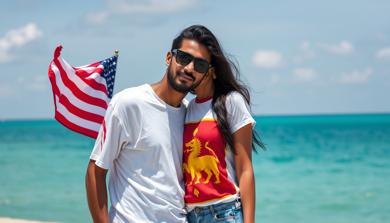 AI Art prompt example created from the prompt: image d une sri lankaise et d un americain beau et belle mouille t shirt blanc sri lankaise ssur l americain