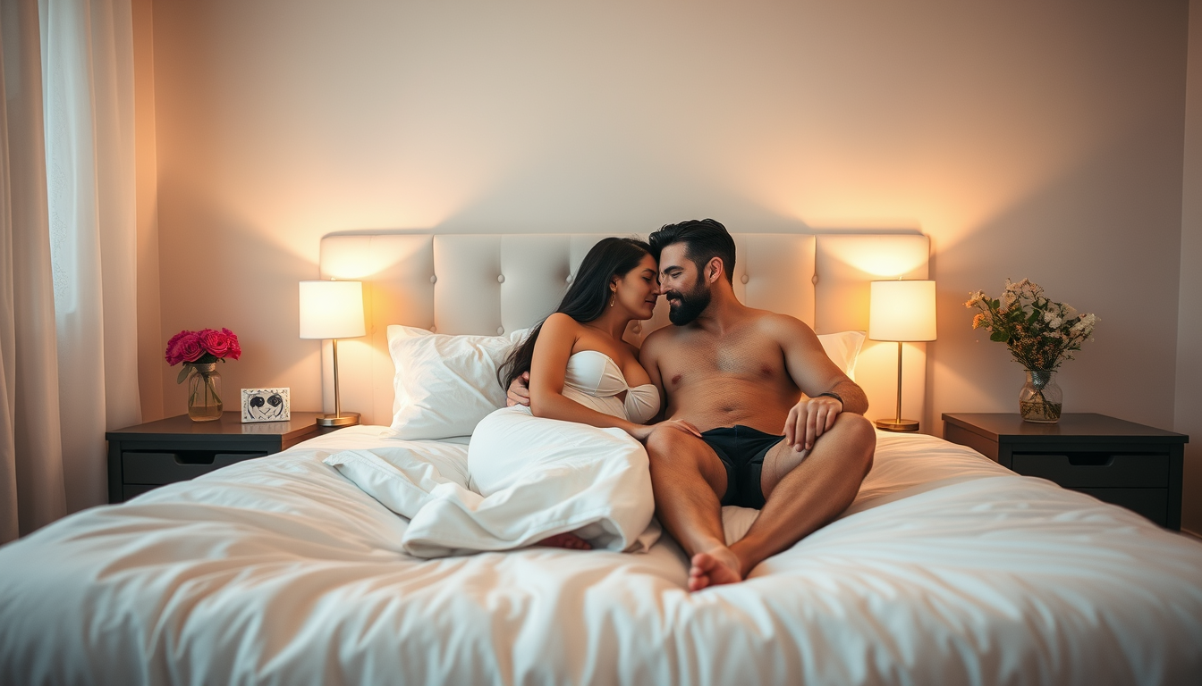 Main art studio: Une love room, lumière tamisé, un grand lit king size, un couple blanc aux cheveux noir, une femme de 1m60 et un homme de 1m95, les 2 complètement nus