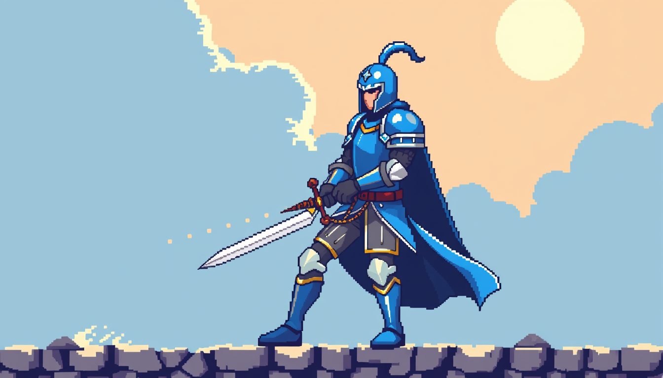 AI Pixel Art idea created from the prompt: pixel art, 32x32 sprite scale, limited palette, retro 16-bit game art, pixel art chevalier en armure bleue avec épée et bouclier , crisp pix