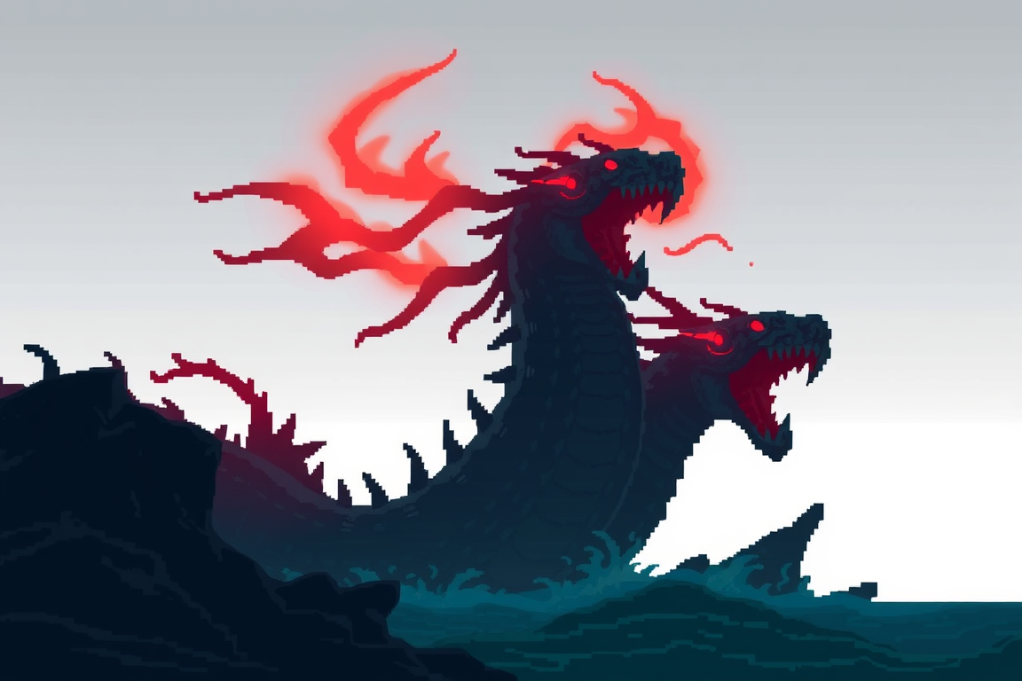 Main art studio: An ancient monster sealed away beneath the final island. Three deadly heads Art style: 96×96 or 128×128 pixel art, three serpent heads glowing red eye