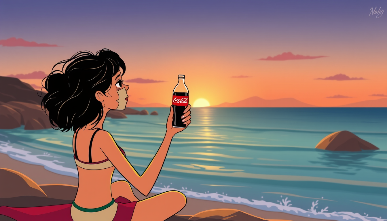 Main art studio: Ciao, mi crei un'immagine di una ragazza che fa yoga al tramonto, mentre beve una Coca-Cola in vetro al mare a Formentera stile cartone animato