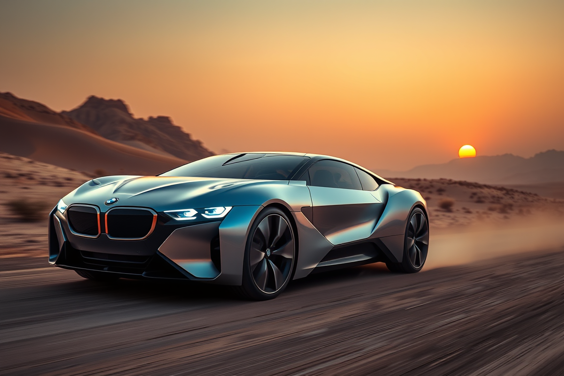 AI Art prompt example created from the prompt: A futuristic BMW 2040 driving through the Uzbek desert near Tashkent, futuristic electric luxury vehicle, silver and black metallic body, pa