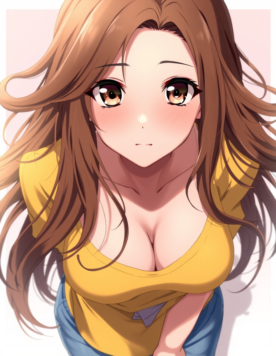 Main art studio: A close up romantic image of a beautiful teenage anime girl with a soft round face and long flowing brown hair around her face wearing a yellow should