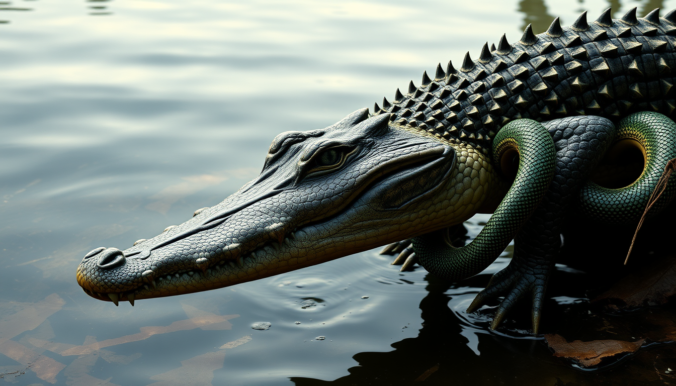 Main art studio: make a crocodile/alligator with snakes as arms this has to be realistic and please make it neat the picture takes place in the amazon and make it work