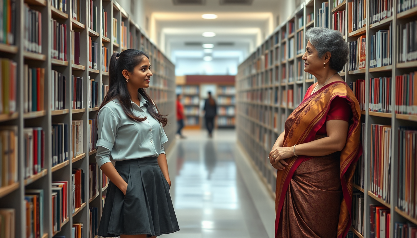 Main art studio: Landscape photorealistic Indian school library: 18-year-old female student in neat modest shirt skirt school uniform and elegant female teacher in her