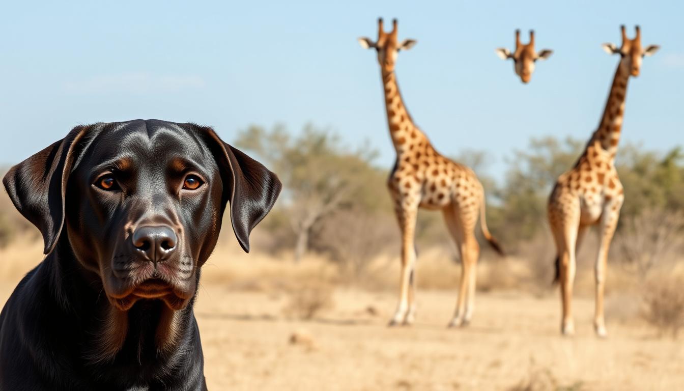 Main art studio: boy in the front of the images, with labrador with 2 giraffes in the background