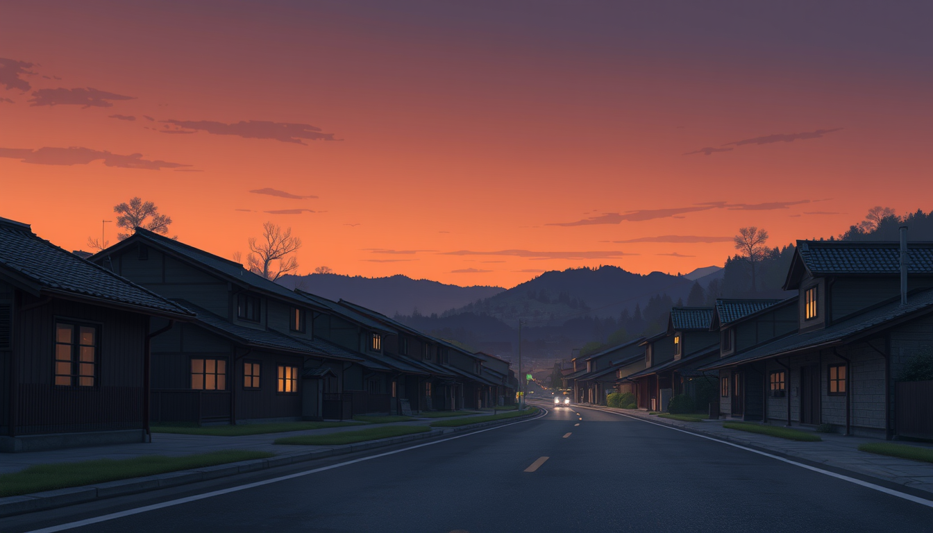AI Art prompt example created from the prompt: A small traditional Japanese countryside village seen from the road at dusk, familiar wooden houses with dark tiled roofs, distant hills, tr