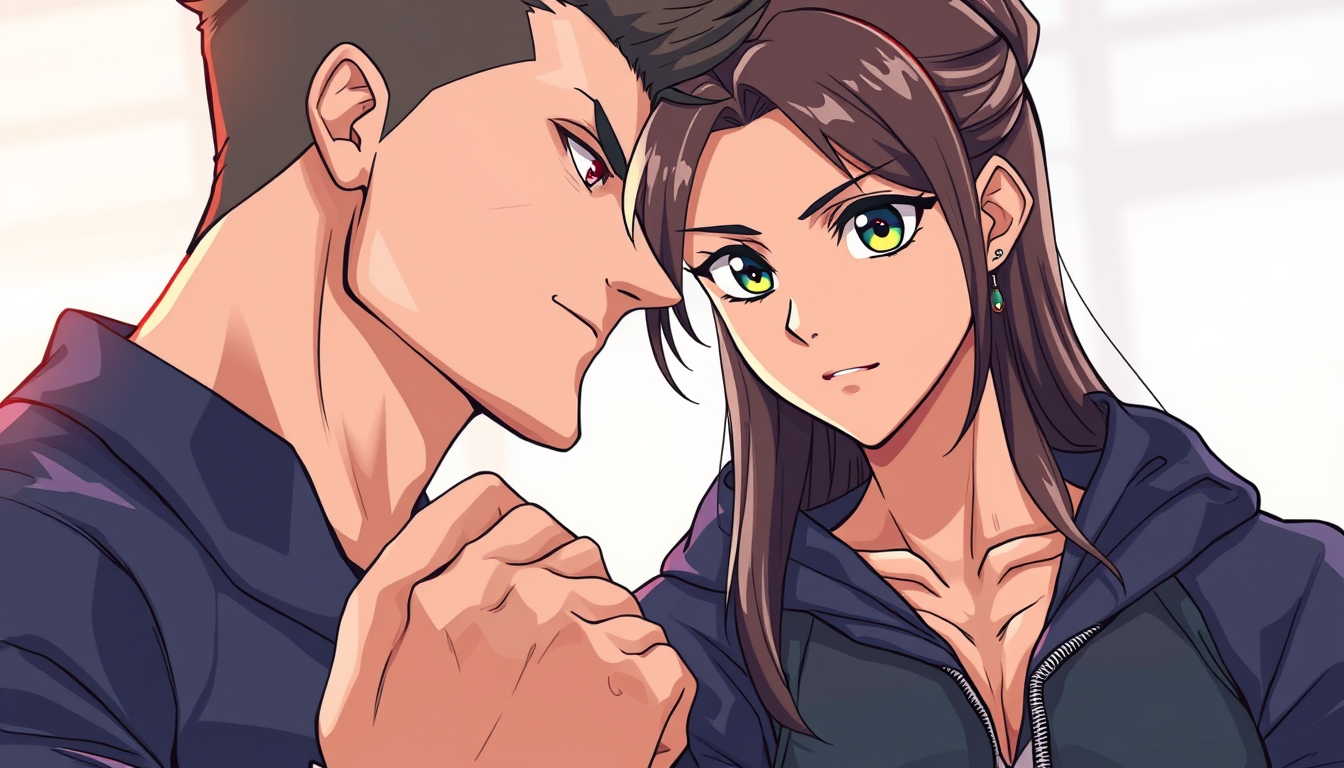 Anime idea: anime style, vibrant colors, expressive eyes, Zeichne einen jungen attraktiven gut trainierten hübschen Mann, der seiner bildhübschen Frau (mit breite