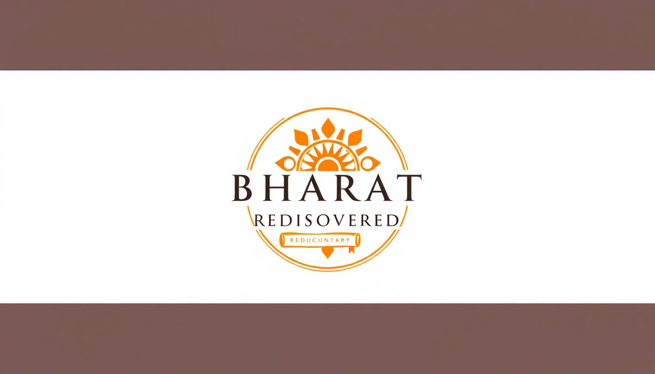 Main art studio: Minimalist logo for 'Bharat Rediscovered', Ashoka Chakra combined with an ancient manuscript scroll, premium documentary brand, saffron and gold accen