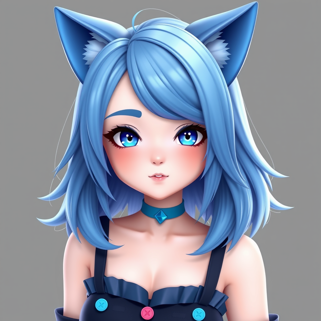 VTuber idea: vtuber avatar character, anime style, expressive face, streaming-ready design, a blue medium length hair 3d vtuber model with blue wolf ears and a cut