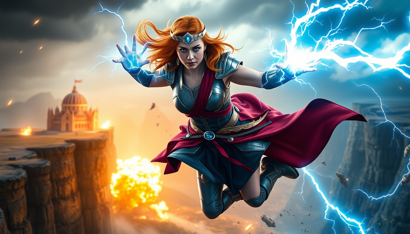 Main art studio: Create a cinematic 16:9 widescreen YouTube superhero trailer image using the attached image as the exact visual reference for the character. Keep her 