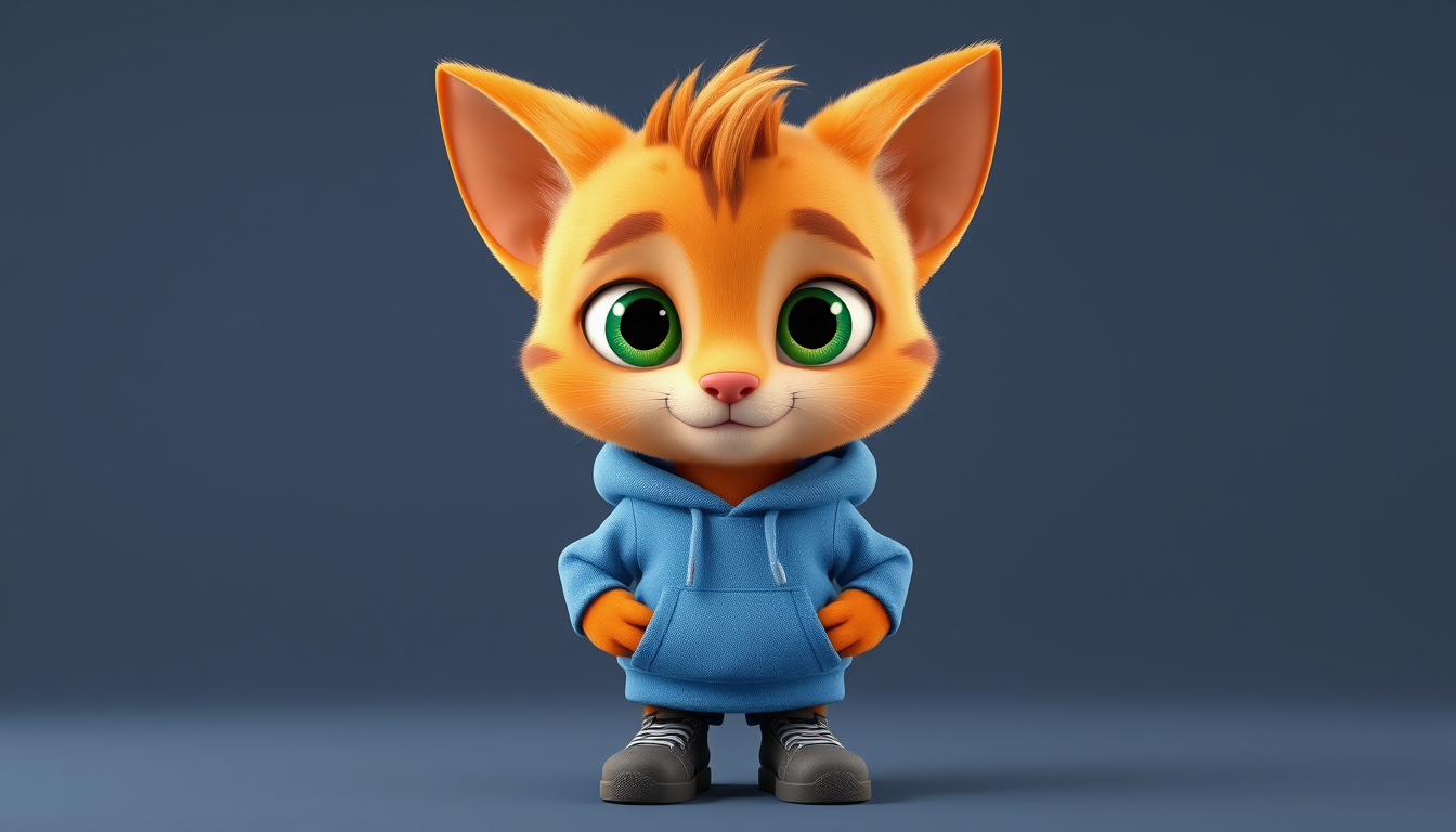 AI Art prompt example created from the prompt: Original 3D cartoon character Milo, a small orange male cat with a slightly oversized head, big expressive green eyes, triangular ears, soft