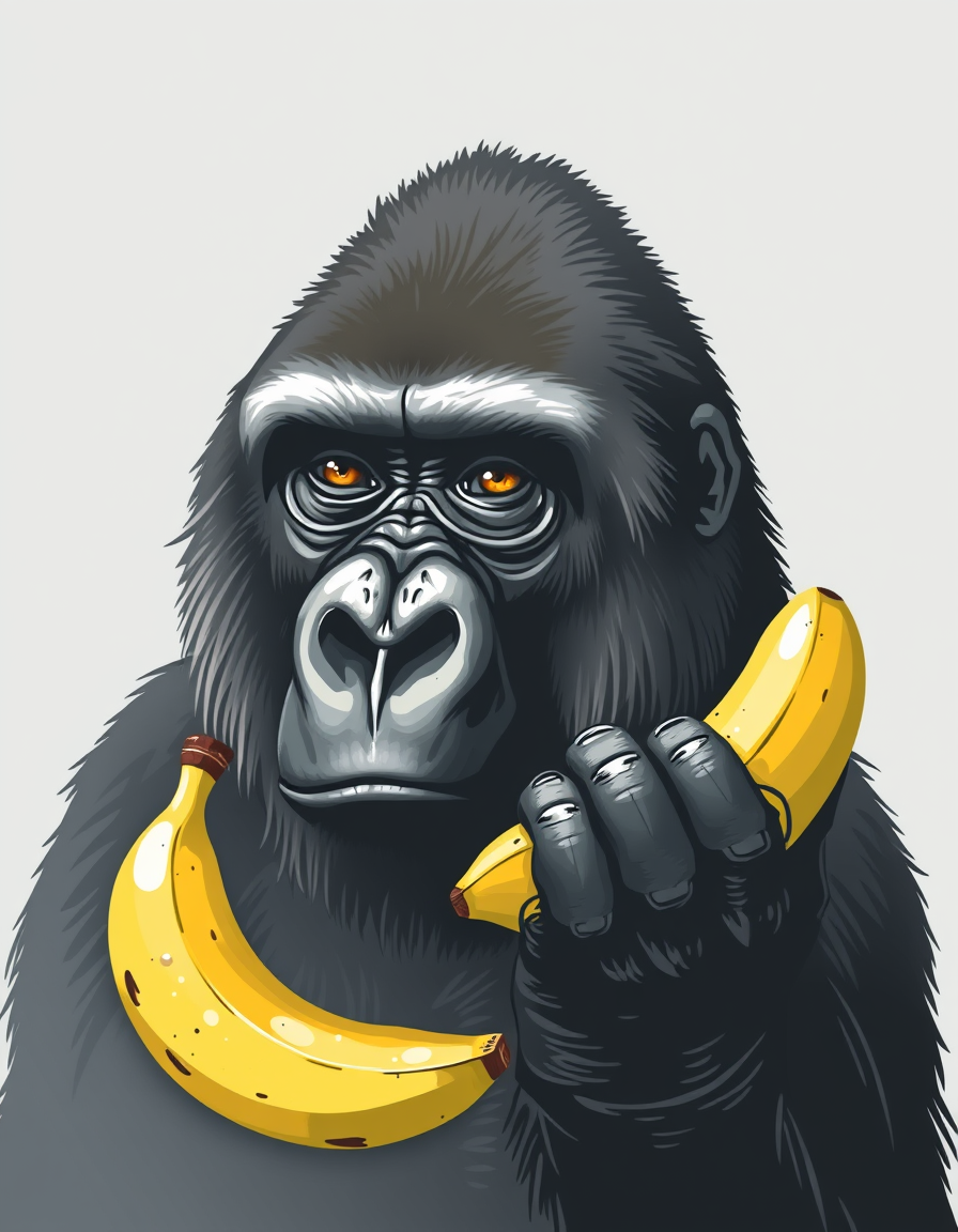 Main art studio: erstelle mir ein bild von einem gorilla gemischt mit einer banane mit tasse in der hand