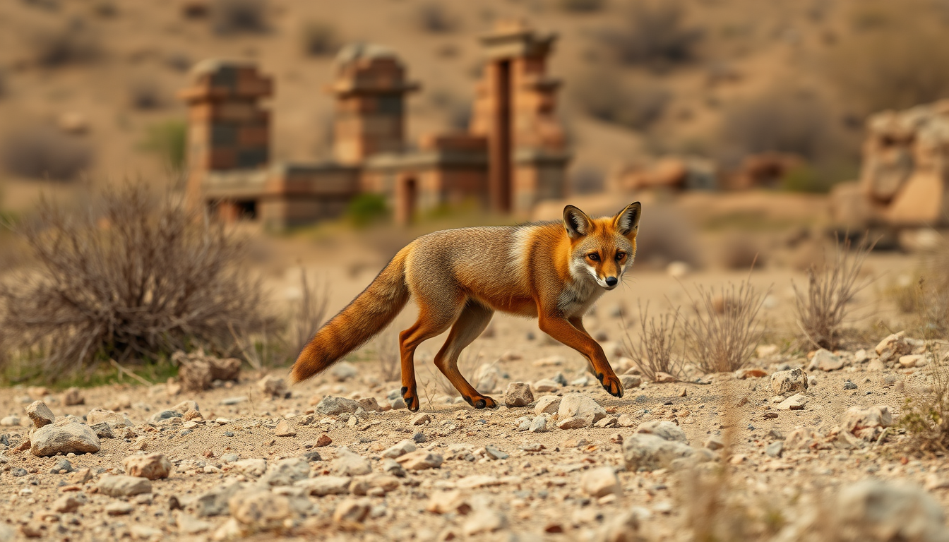 Main art studio: A wild fox moving across the dry rocky scrubland near the Aravalli hills outside Bhangarh Fort, old sandstone ruins in the background, realistic wildl
