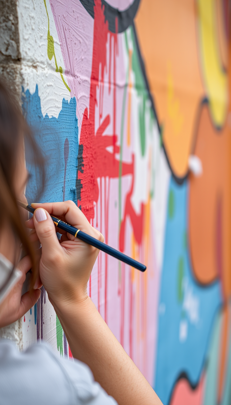 Main art studio: Same artist actively painting the mural, close-up of her hand holding the brush, colorful paint strokes appearing on the wall.