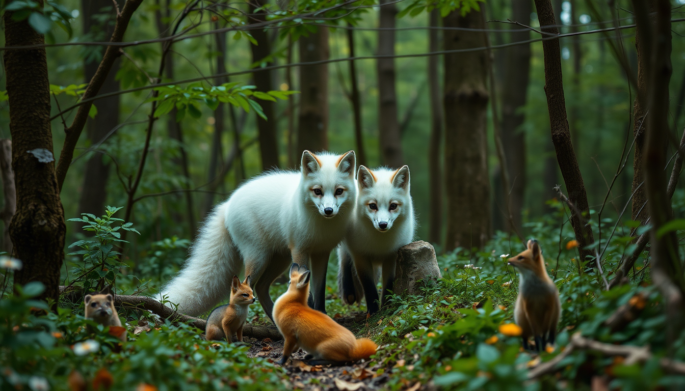 Main art studio: mach ein foto von 2 mädchen in einem magischem wald, mit einem weißen fuchs mit 6 schwänzen, einem eichhörnchen, einem kleinen drachen und einer Eule,