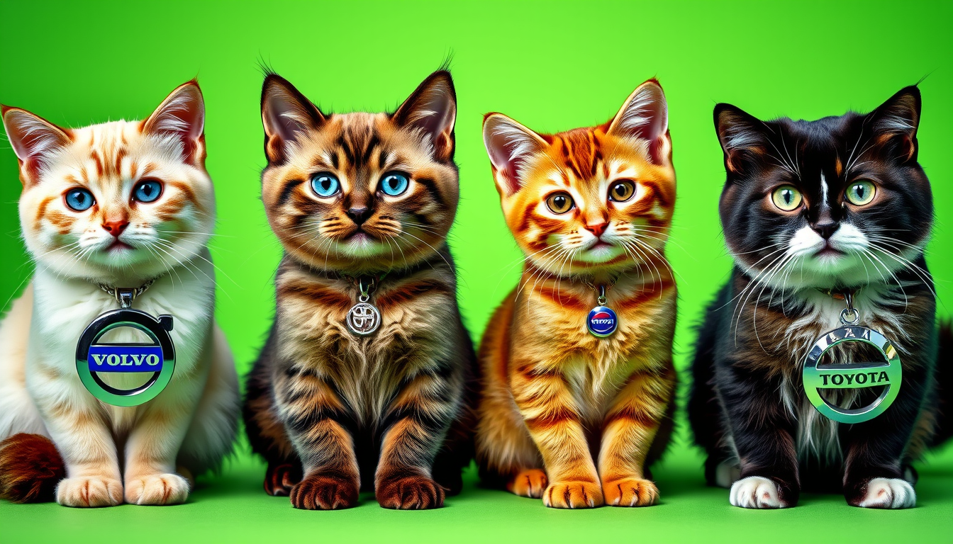 Main art studio: Four different realistic cats on a bright green background. 1) Male, light fur, blue eyes, two pendants: Volvo emblem in front, GAZ emblem behind it.