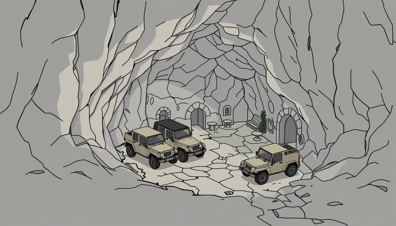 Main art studio: zeichne mir die karte einer höhle, es soll mehrere vorräume und hinten einen großen raum geben, am eingang stehen stilisiert 3 jeeps, karte 2d von obe