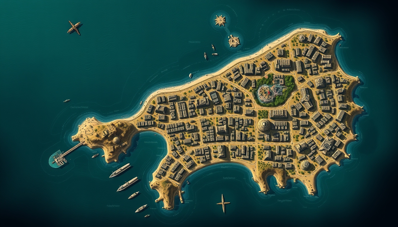 Fantasy Maps idea: a readable fictional world map with coherent coastlines, terrain regions, routes, and landmarks, deliberate composition, Mapa top-down de Santa August