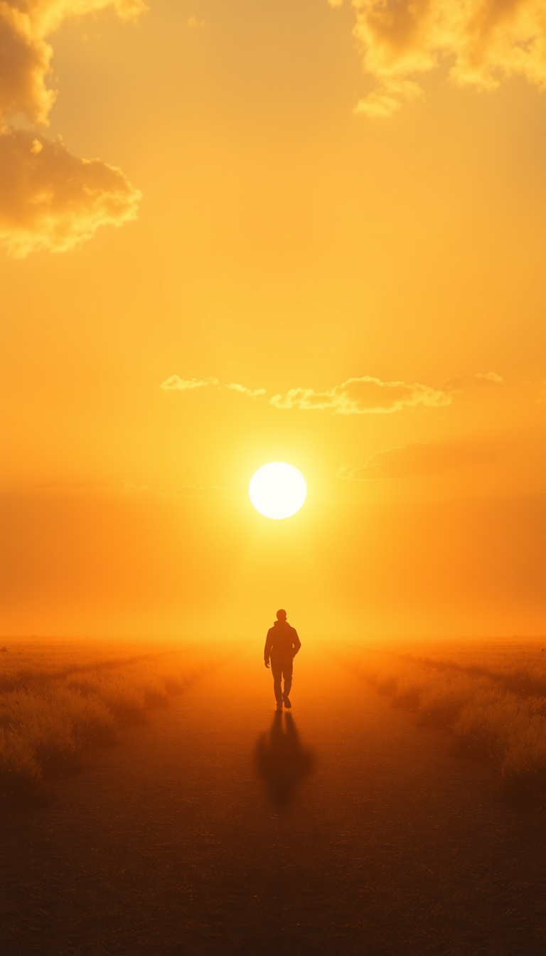 Main art studio: A lone figure walks toward a glowing horizon beneath a peaceful golden sky. Gentle rays of light illuminate the path ahead, creating a feeling of hope