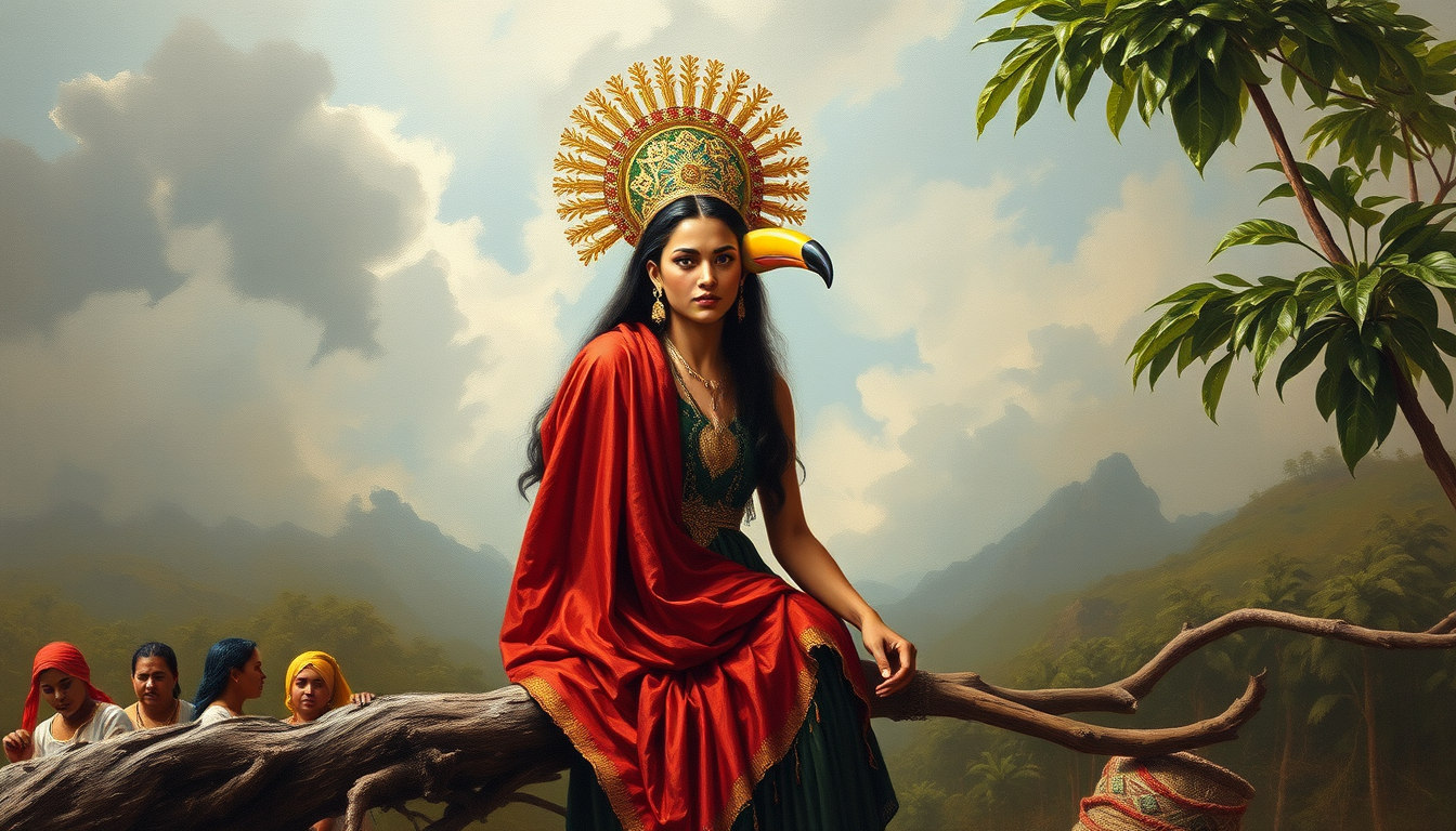 Main art studio: amixxx creame una imagen de una tipo pintura medio realista que mescle tradicion ecuatoriana manabita que tenga barios elementos que no sea tan difisi