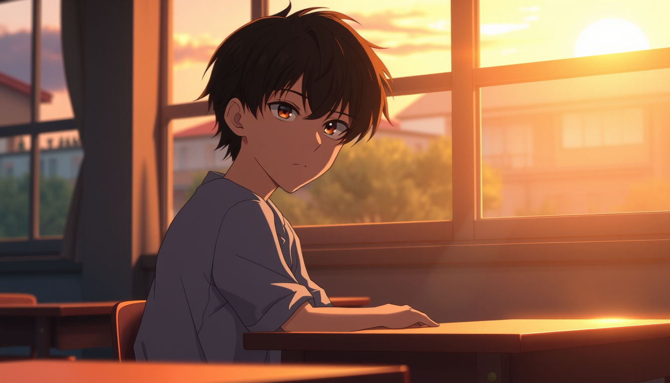 AI Art prompt example created from the prompt: A cinematic 16:9 anime scene, a quiet Japanese-style high school classroom at sunset, warm golden sunlight coming through large windows, sof