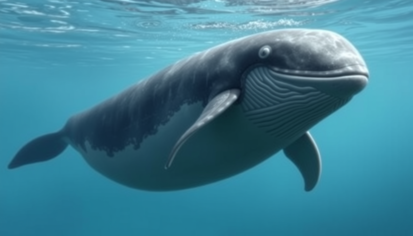 Main art studio: baleine à bosse en vue de trois quarts, avec le ventre visible, la tête à gauche, la queue en hauteur et les nageoires pectorales écartées.