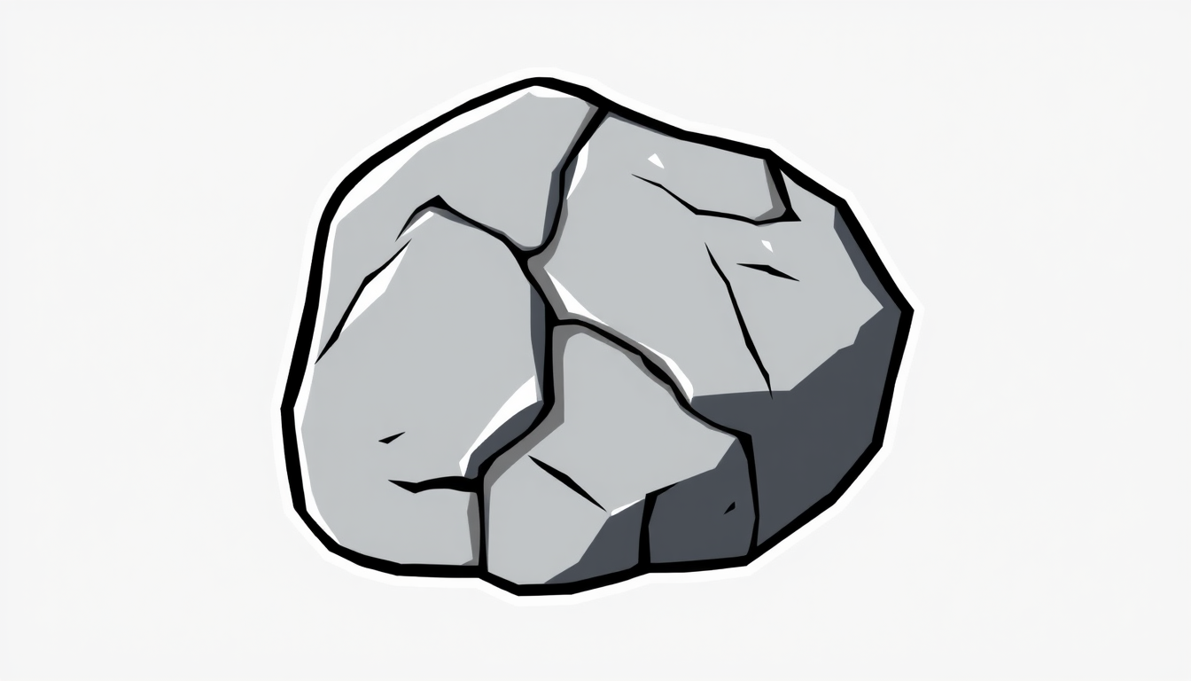 Game Asset idea created from the prompt: 2D game asset, clean isolated object, consistent art style, cartoon gray rock, thick black outline, white border, chunky shapes, rough textu