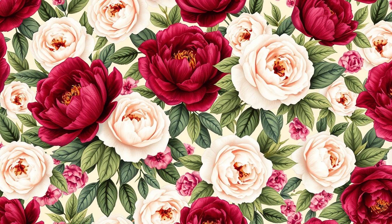 Main art studio: Luxury botanical wallpaper pattern with an abundance of flowers, rich burgundy peonies and elegant white French roses with lush layered petals, surrou