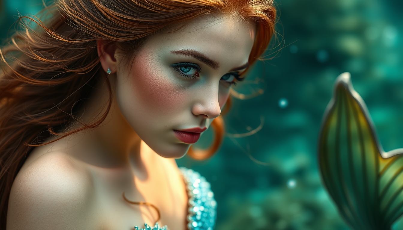 Main art studio: realisical looking mermaid with brown hair and magical bakround and zoomed out