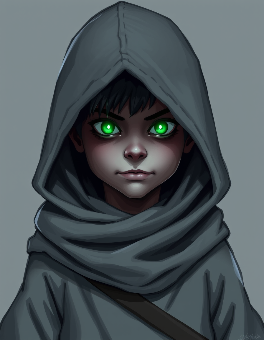 Main art studio: make a hooded character with glowing green eyes, that is short and stubby and grey clothes all over, but still realistic, no mouth
