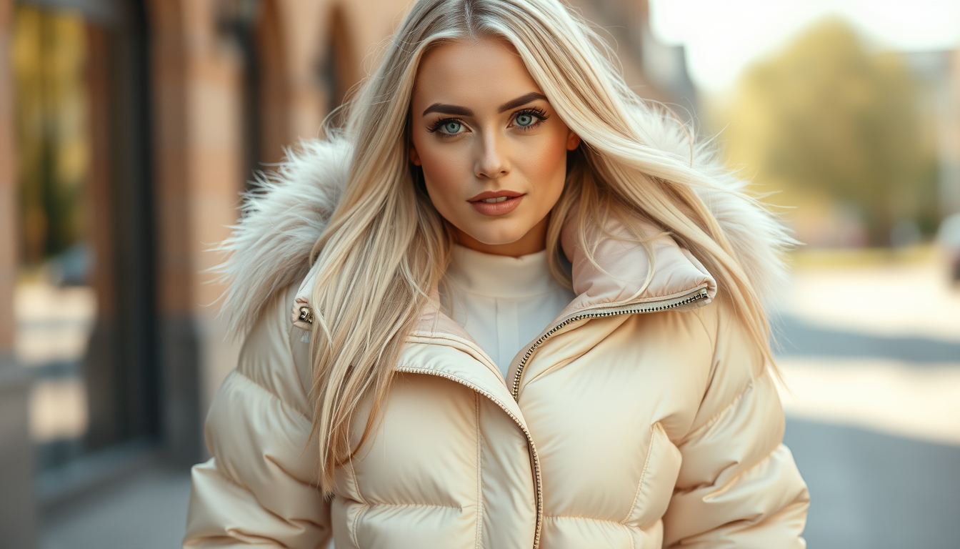 Main art studio: Junge sportliche blonde Frau glatte lange Haare cremeweiß sehr voluminöse Satin pufferjacke mit Bündchen an Ärmeln und Saum dicker kragen, darunter Sa