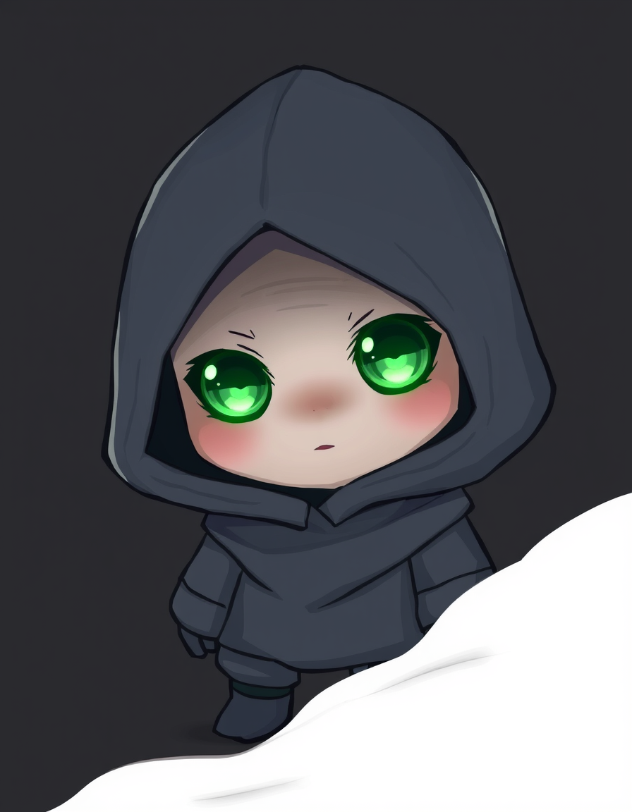 Main art studio: make a cute hooded character with glowing green eyes, that is short and stubby and grey clothes all over, but still realistic, no mouth