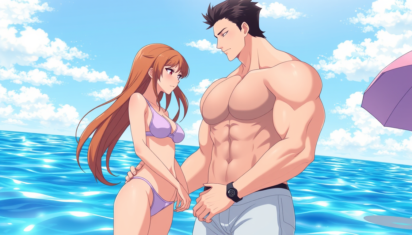Anime idea: anime style, vibrant colors, expressive eyes, In a sunny sea setting, a girl with long brown hair wearing a burkini and a tall, muscular man with shor
