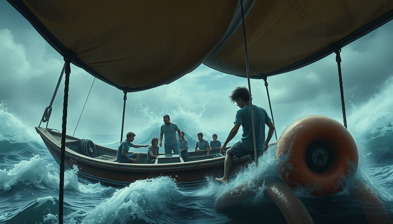 Main art studio: can you make a reaistic image from the book boy overboard and there on a boat with a storm and the boat is super crowded and the boat is dirty and the