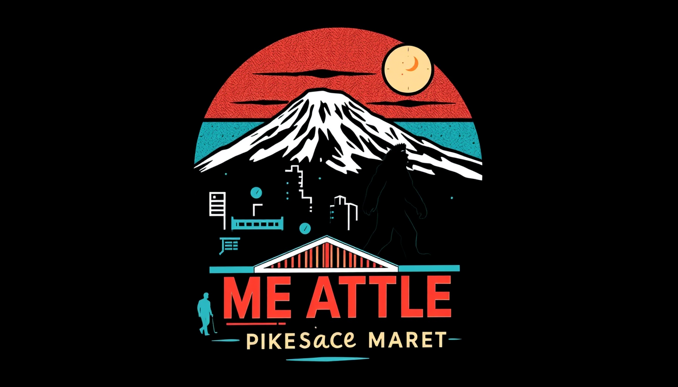 Main art studio: create a graphic for a t-shirt with a Seattle theme showing Mount Rainier, Pikes Place Market, and Big Foot