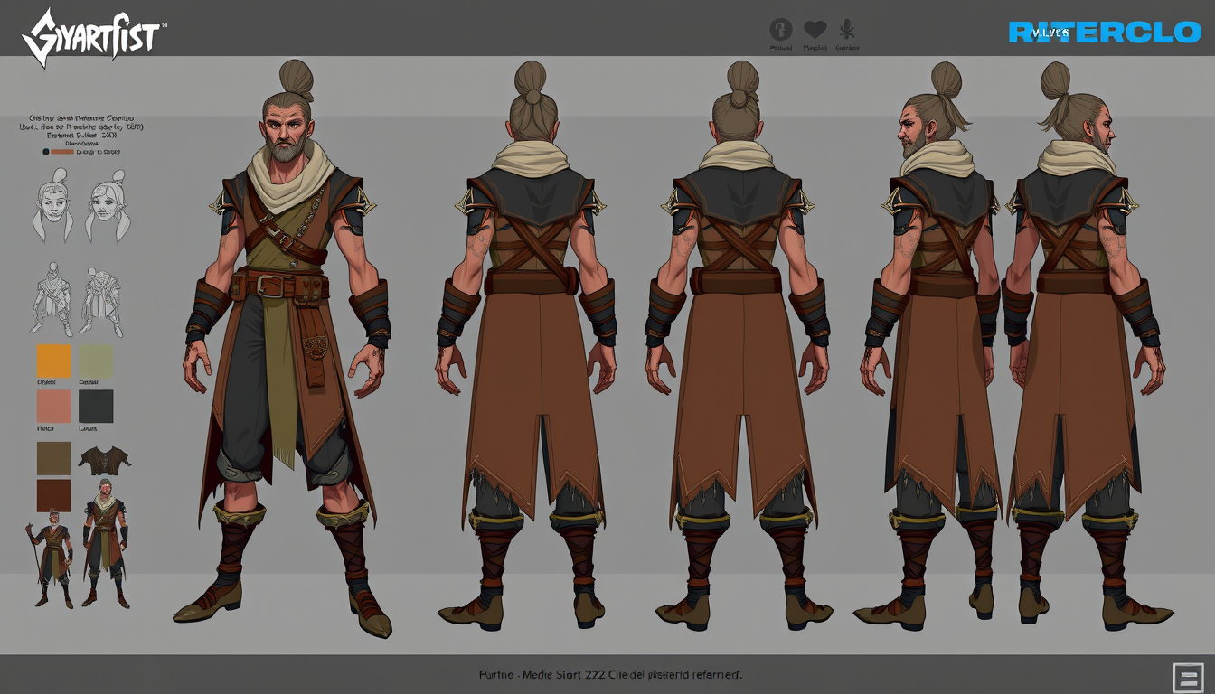 Character Sheet idea: a visual character reference sheet with a dominant full-body view, controlled details, palette swatches, and supporting expressions or accessories, de