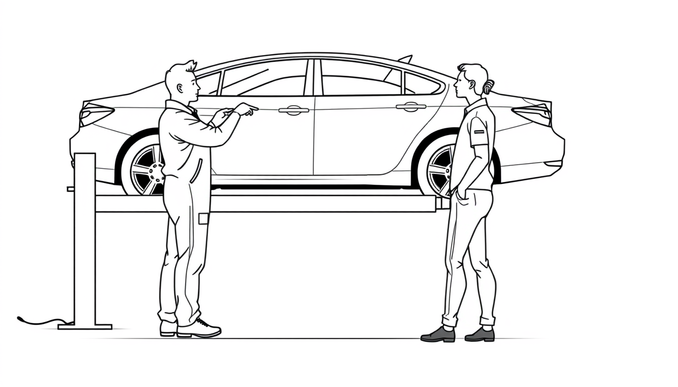 Main art studio: Minimalist editorial line-art. Exactly two separate people: an auto mechanic in work clothes and a car owner in casual clothes, standing beside one co