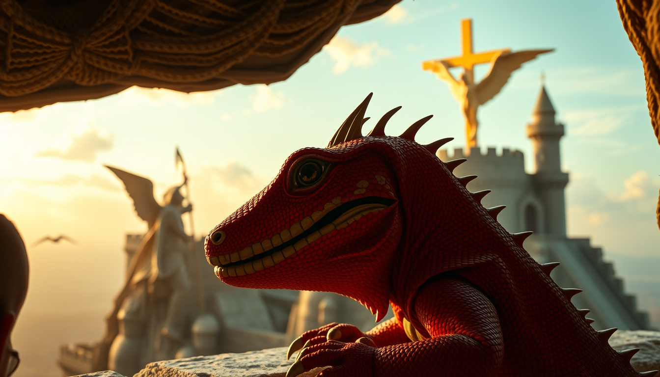 Main art studio: crea un video con esta imahgen que paresca muy real formato horizontal de un reptiliano rojo con cuernos espiando a jesucristo y a dios comiendo manza
