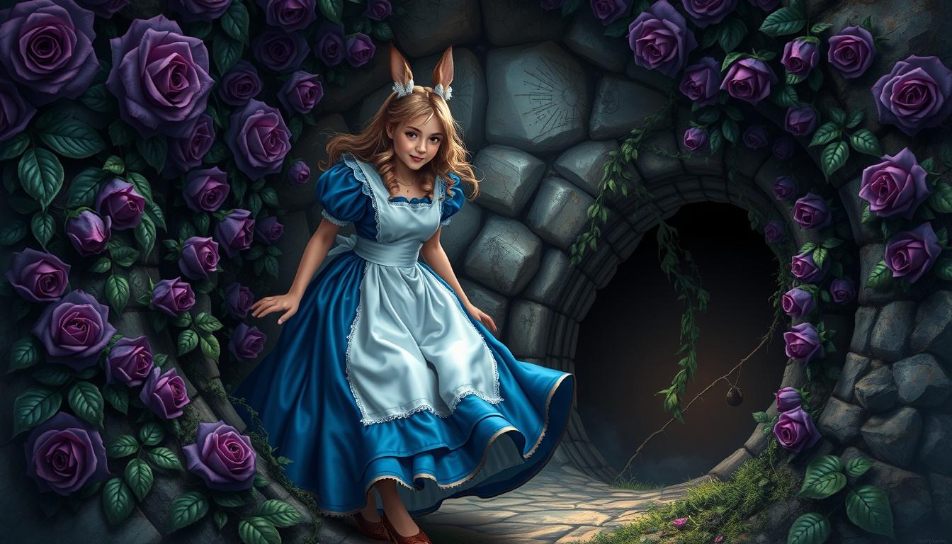 Fantasy Art idea created from the prompt: fantasy art, epic, magical, detailed illustration, Photorealistic image of young adult Alice dressed in a striking blue gown, with a white a