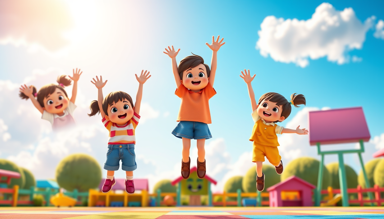 Characters idea: an original character defined by silhouette, role, outfit, palette, and expression, deliberate composition, Three adorable preschool children jumping