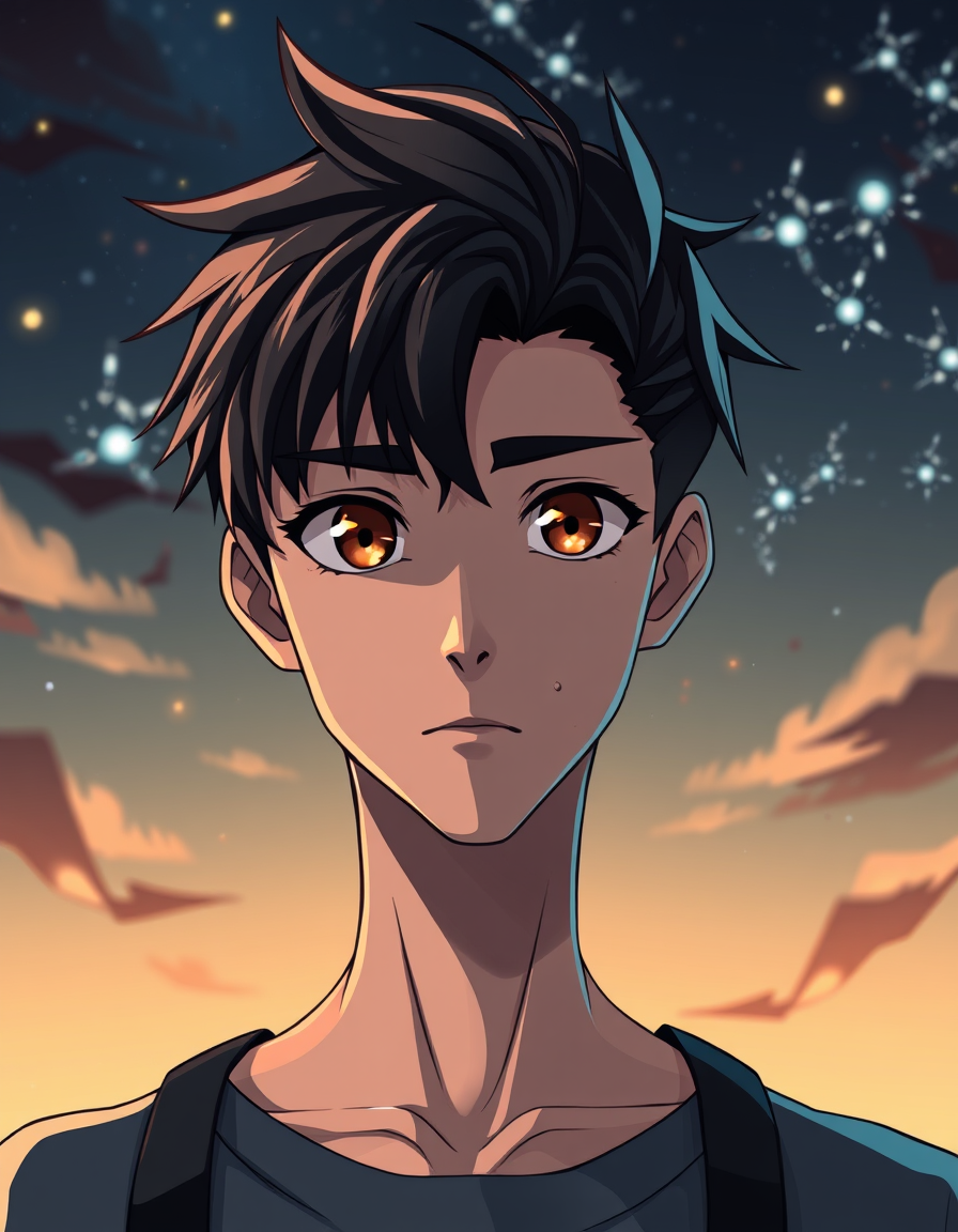AI Art prompt example created from the prompt: i want a profie picture of a man with black and animated like a 2d anime charitor brown eyes