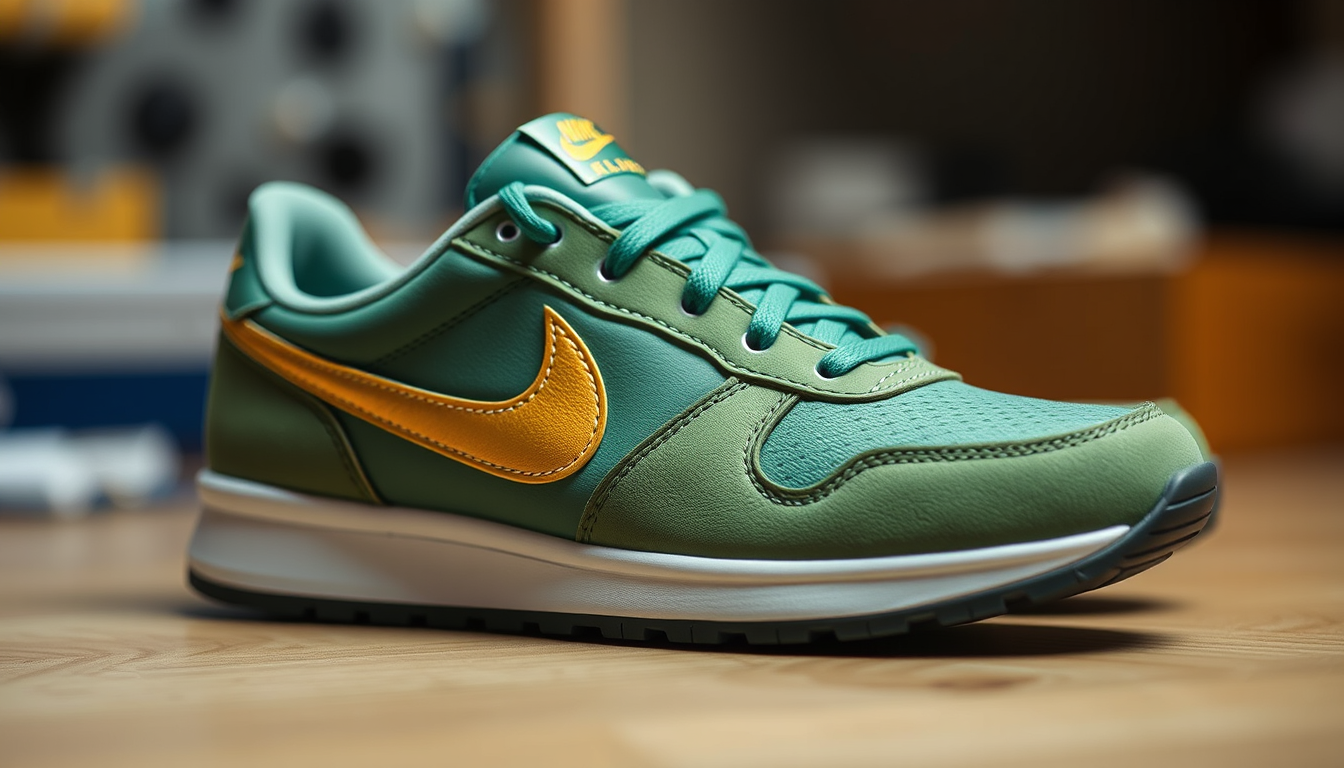 Main art studio: Mache Nike sportschuhe in grüntönen mit Johann Luis Julius Schriftzug in Gold