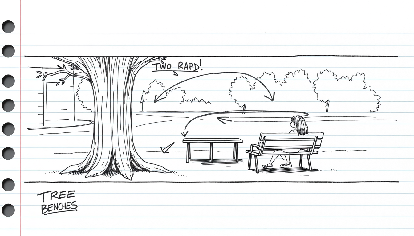AI Art prompt example created from the prompt: Prompt for Shot 1 (Establishing Shot): A hand-drawn black-and-white storyboard sketch on a lined notebook page, based on the layout in image
