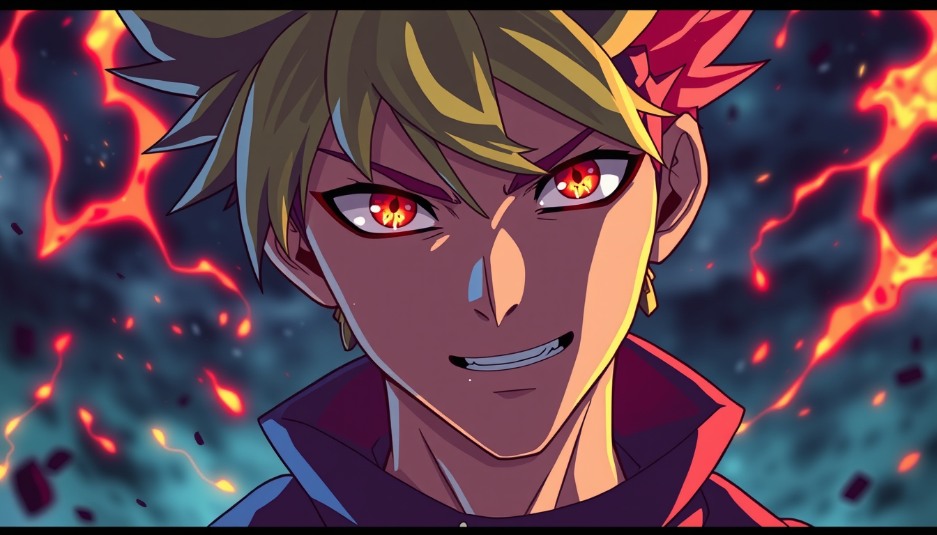 Anime idea: anime style, vibrant colors, expressive eyes, Personaggio biondo con poteri fuoco un po' scuro simile a bakugo ma si deve vedere fino al petto nella f