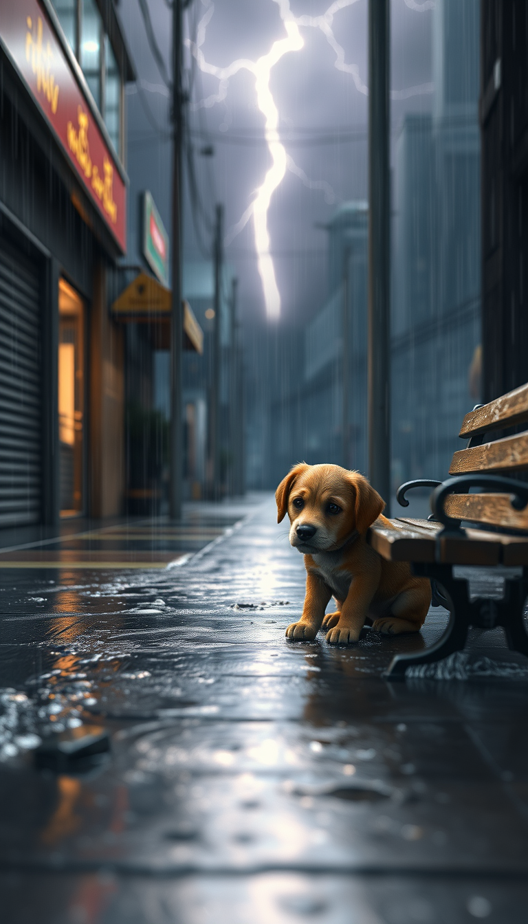 Main art studio: The Dog Finds a Little ShelterImage Prompt:The same wet golden-brown stray dog hiding beneath a small wooden bench near a closed shop, heavy rain pour