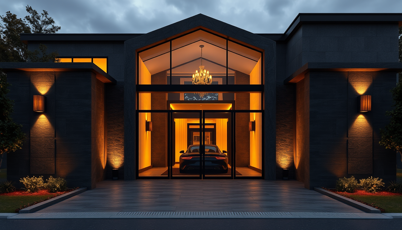 Main art studio: Luxury modern villa boundary wall, 30 meters wide and 9 meters high. Full continuous black metal frame across the entire wall. Large car entrance gate