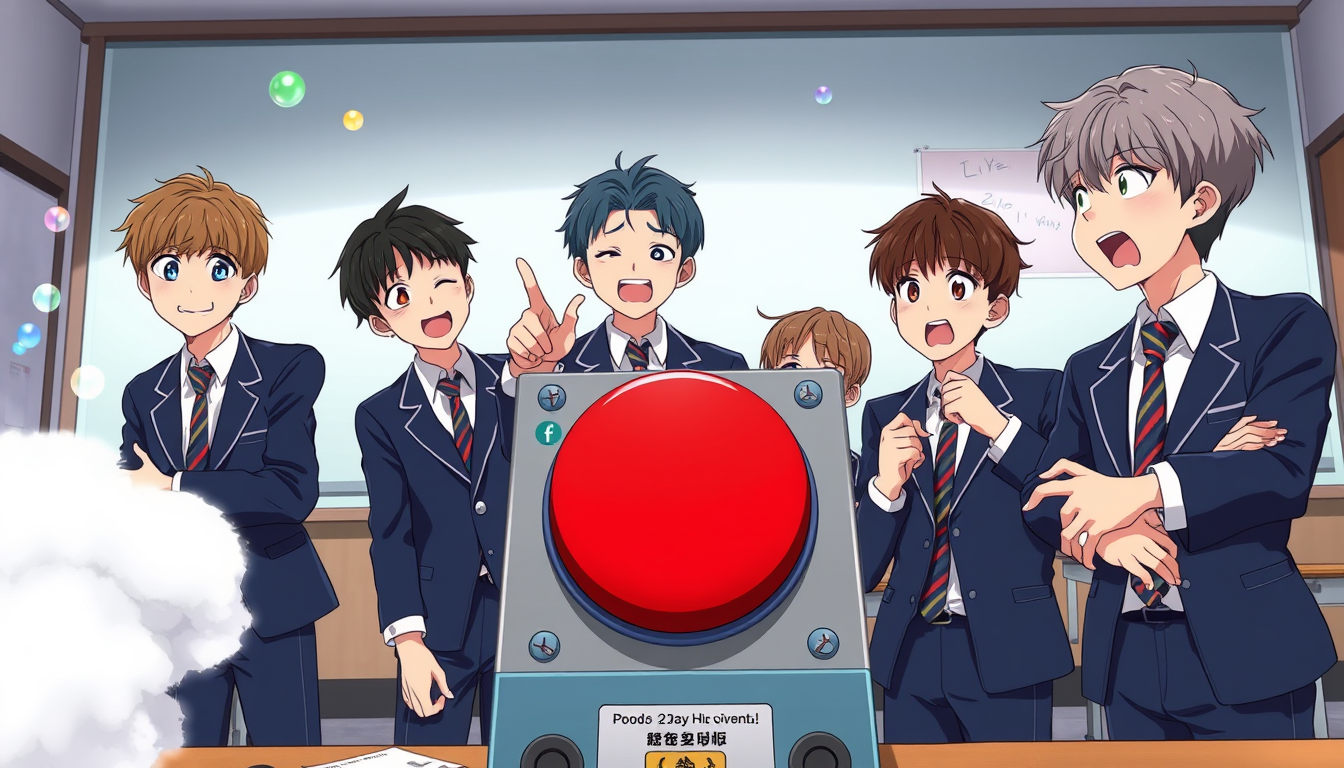Anime idea created from the prompt: anime style, vibrant colors, expressive eyes, BTS FUNNY SCHOOL ANIME — SCENE 13: THE SECOND BUTTON Cinematic 2D Japanese anime illustration,