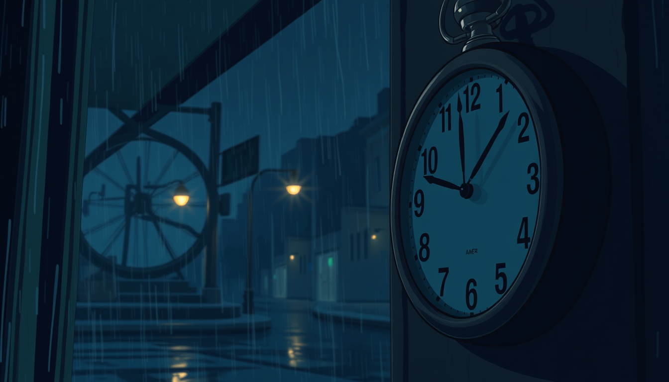 Main art studio: A close-up of an old wall clock inside a dim, abandoned-looking shop at night. The clock clearly shows exactly 2:13 AM. Through a rain-covered window