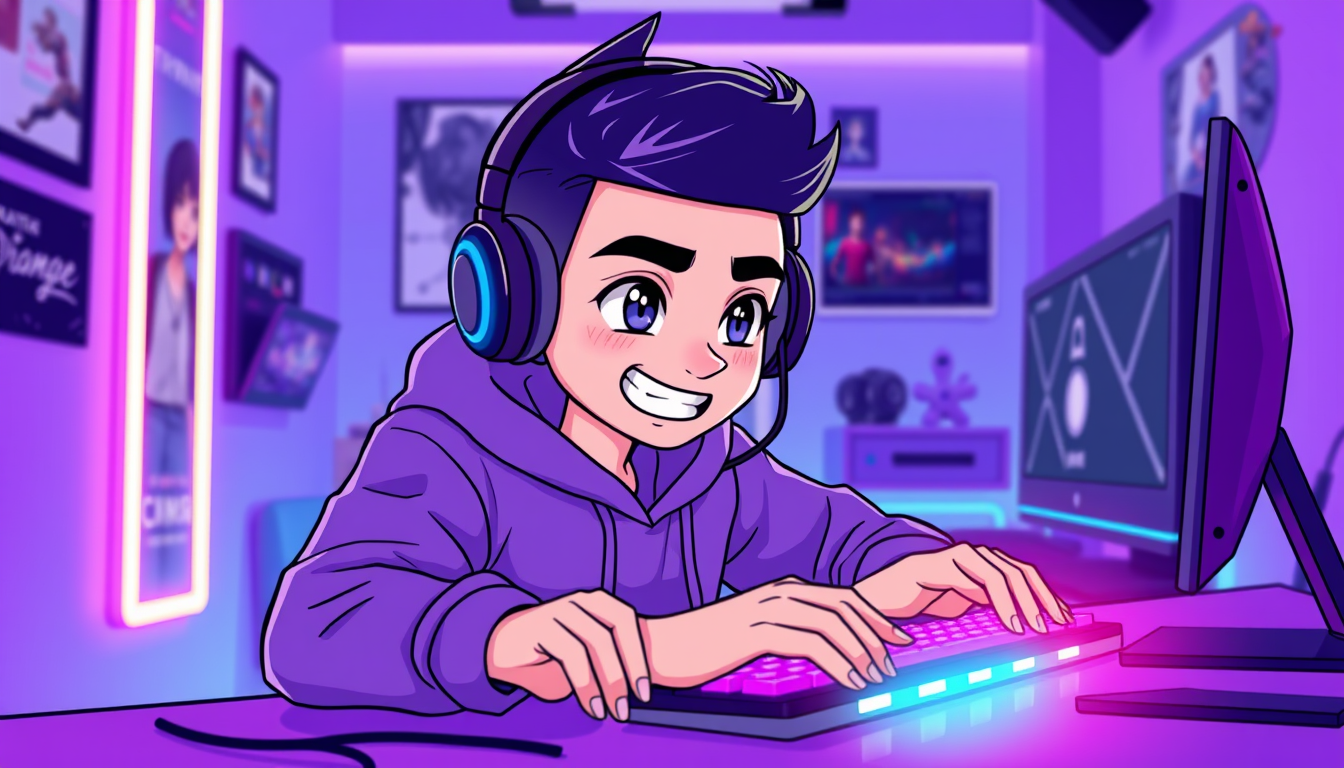 VTuber idea: vtuber avatar character, anime style, expressive face, streaming-ready design, make a guy in a purple balacalava fortnite style in a purple themed gam